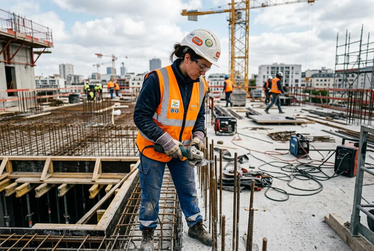Détachement travailleur secteur btp sur un chantier, casque et gilet orange, inspectant des armatures en fer au bord d’une plateforme.