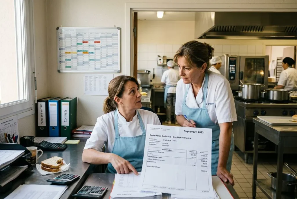 Deux agentes en cuisine discuter devant une fiche de paie, au sein d’une cuisine collective, avec le planning et l’équipement en arrière-plan. Grille salaire restauration collective 2026 évoquée.