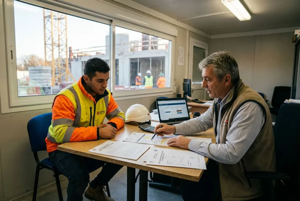 Deux hommes discutent autour d’un bureau sur un site de construction. L’un porte une veste orange et jaune, l’autre vêtement sans manches, et ils signent des documents près d’un ordinateur. Détails: casque de sécurité posé, fenêtre donnant sur le chantier. Alt texte lié au sujet: détachement temporaire de salariés par une entreprise étrangère.