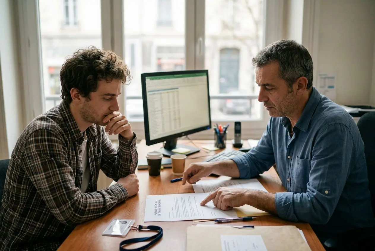 Deux hommes discutent autour d’un document au bureau, l’un signant ou examinant les papiers, style travail intérim. rupture contrat de travail interim.