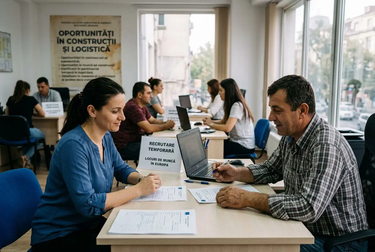 Deux personnes en entretien administratif dans une agence d’intérim, des documents et un laptop sur la table. Signage affiché: “RECRUTARE TEMPORARĂ” et ambiance professionnelle. Intégration naturelle du terme main-d'œuvre temporaire roumaine.