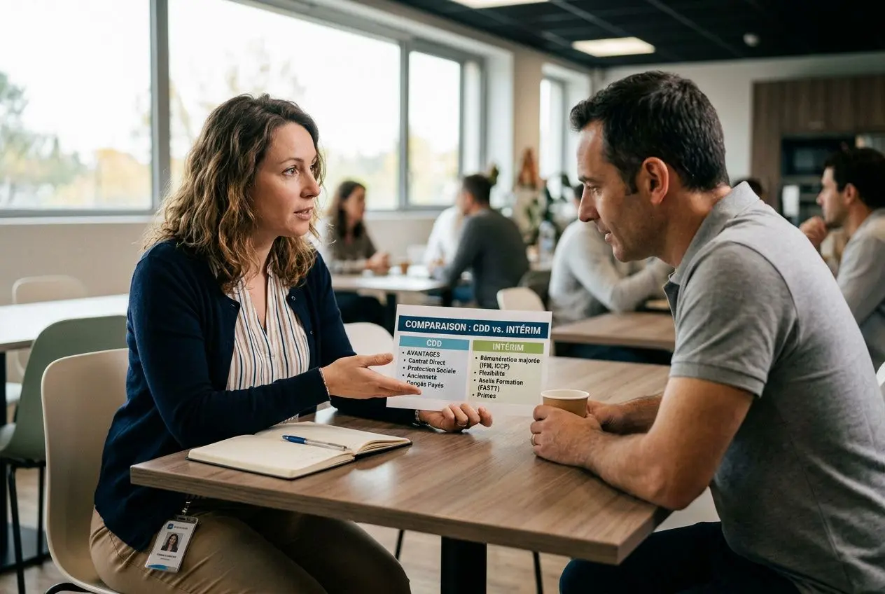 Deux professionnels en entretien montrent un comparatif sur une fiche: “CDD vs Intérim”, dans un espace de travail. (différence entre un cdd et un intérim)