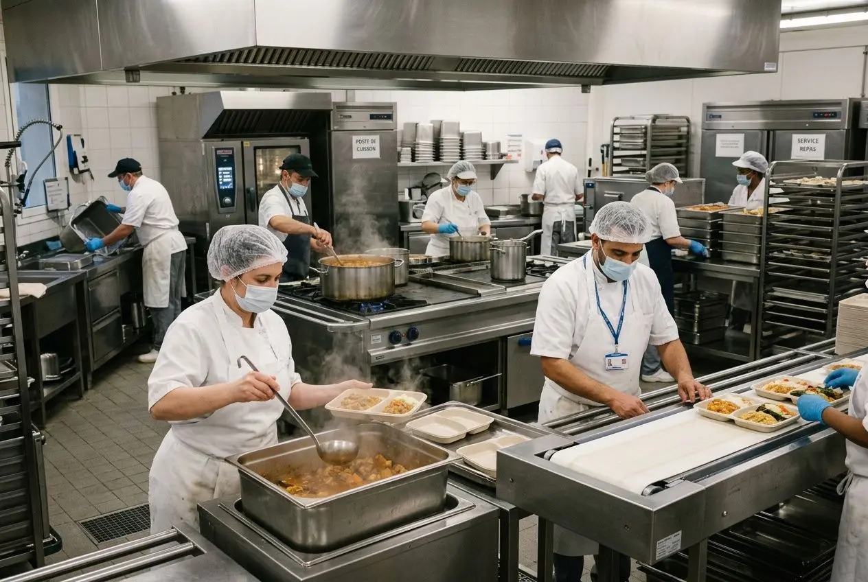 Équipe de cuisine en restauration collective préparant et plaçant des plats dans une cuisine professionnelle, avec plonge, plaques et fours industriel, personnel en uniforme et masques. grille salaire restauration collective 2026 intégrée naturellement.
