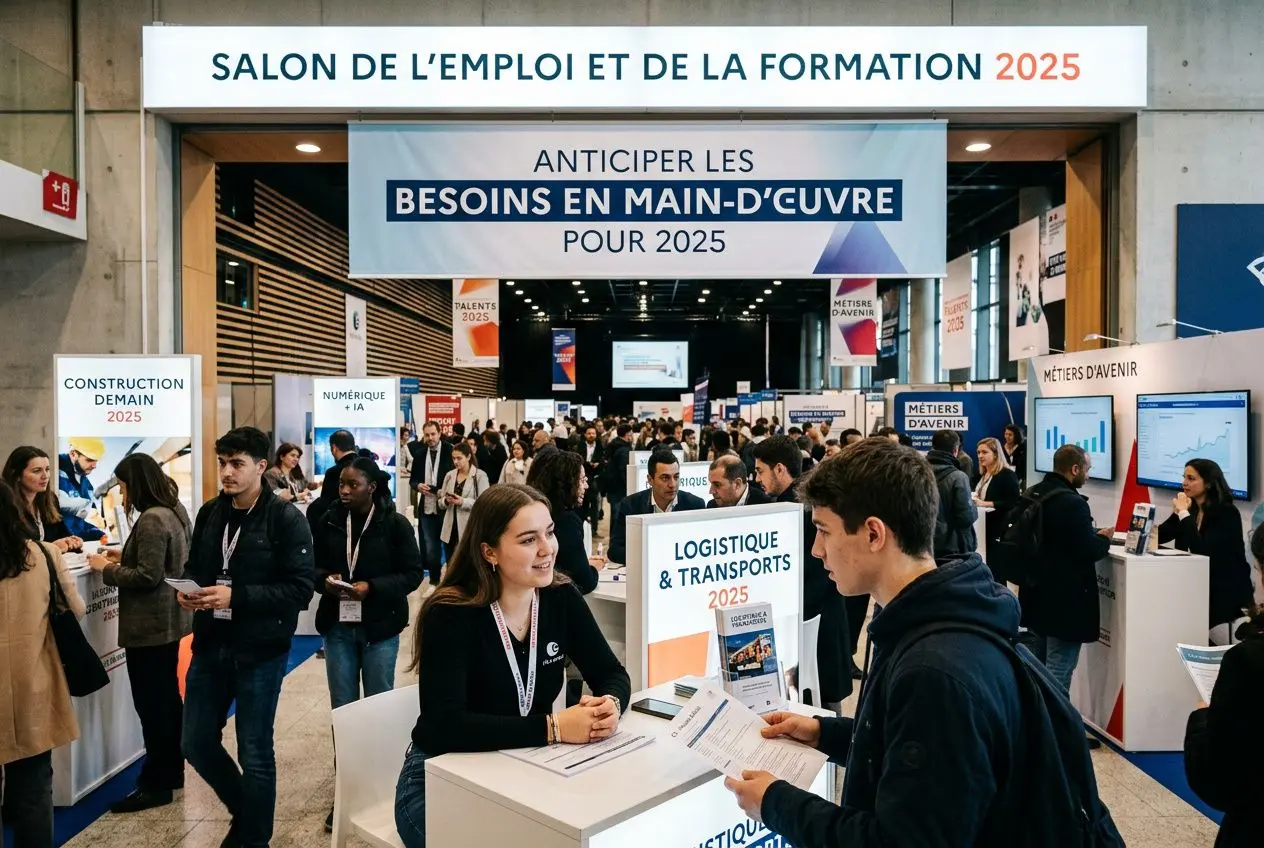 Salon de l’emploi et de la formation 2025 avec stands et visiteurs, anticipation des besoins en main-d’œuvre pour 2025.