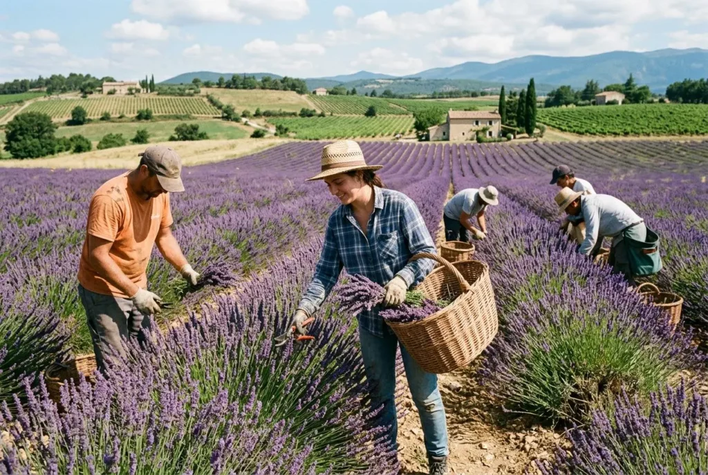 Travailleurs agricoles cueillant et récoltant des lavandes en rangées, paysag e rural avec champs et collines en arrière-plan. Emploi saisonnier agricole france.