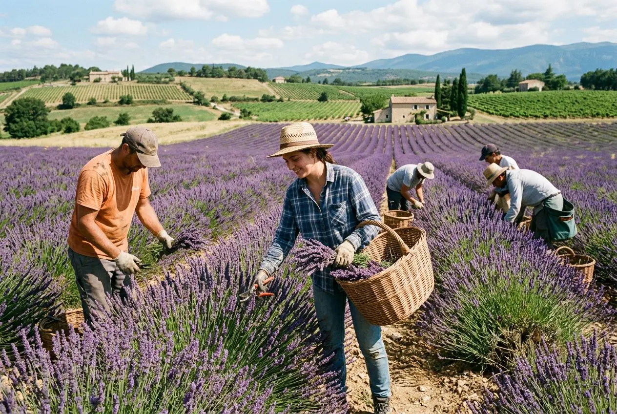 Travailleurs agricoles cueillant et récoltant des lavandes en rangées, paysag e rural avec champs et collines en arrière-plan. Emploi saisonnier agricole france.