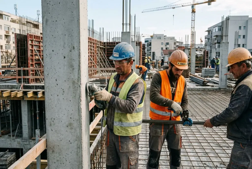 Travailleurs sur un chantier de construction, portant casques et gilets de sécurité, rétude et pose de ferrailles sous supervision. main-d'œuvre temporaire roumaine intégrée.