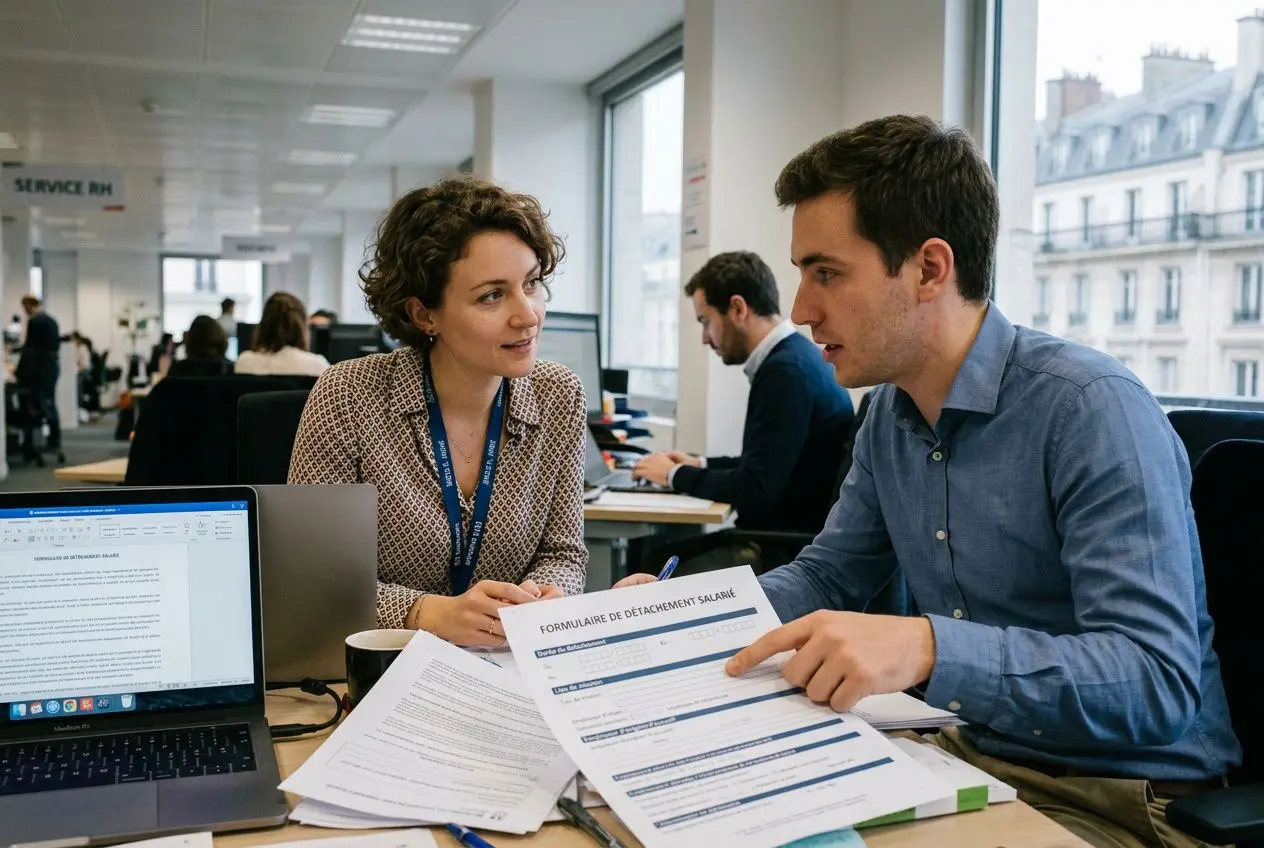 Deux collègues discutent autour d’un formulaire de détachement salarial, avec un laptop ouvert et des documents administratifs sur la table.