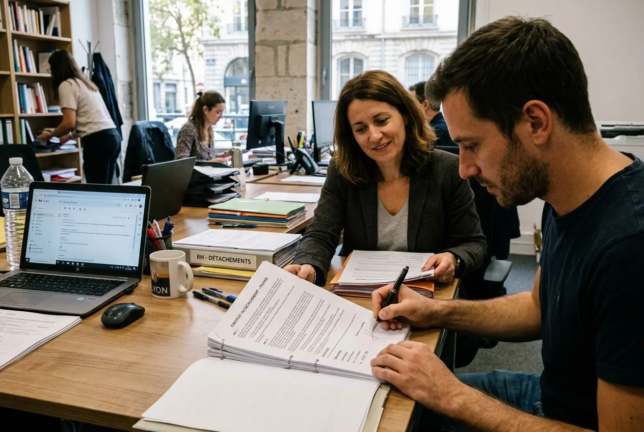 Deux professionnels examinent des documents de travail au bureau, avec un ordinateur portable et des dossiers. Intègre le sujet du contrat de détachement en france.