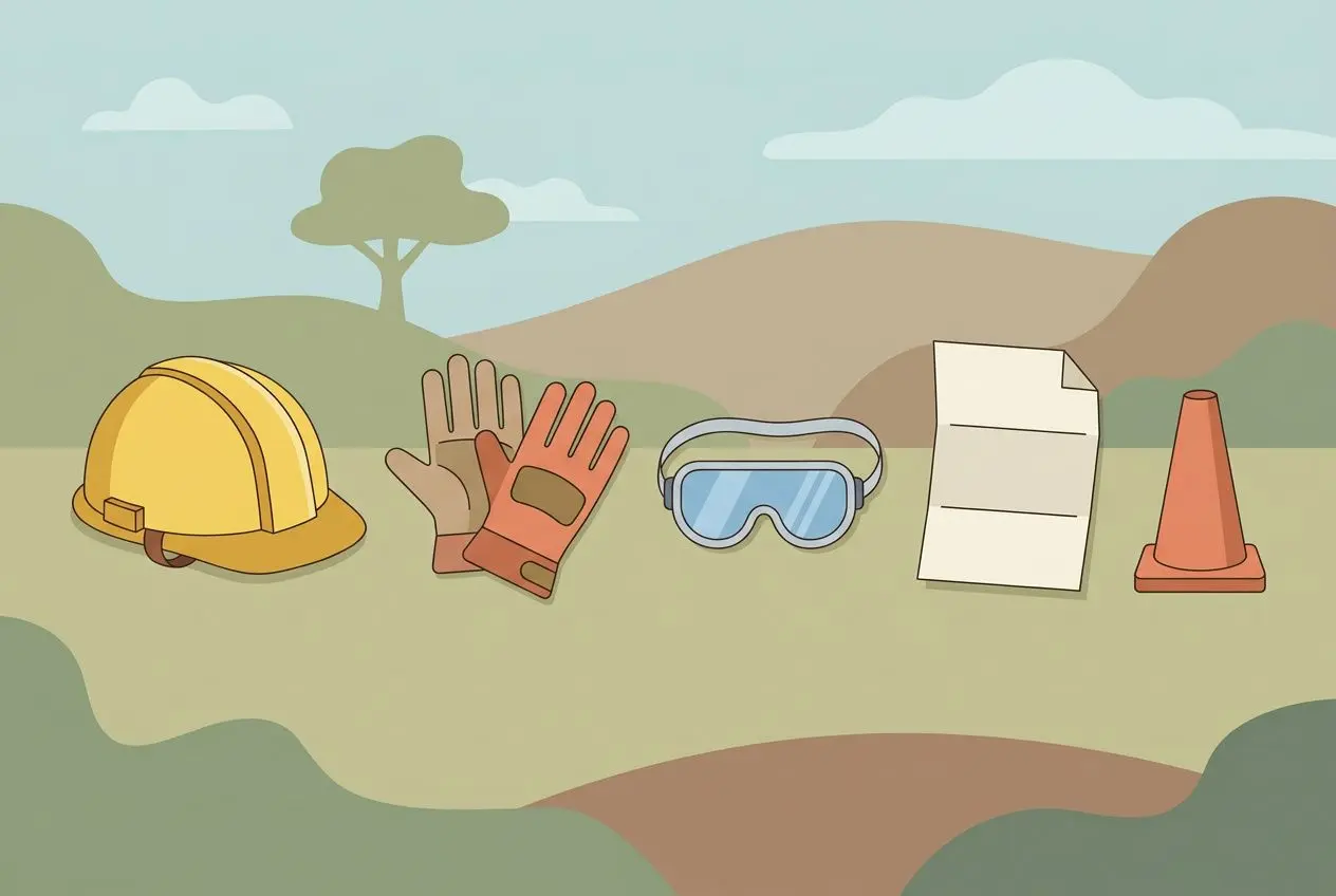 Équipements de sécurité au travail en extérieur: casque jaune, gants, lunettes de protection, fiche et cône, sur un paysage de chantier. Convention collective des intérimaires en France: IDCC 2378 guide.
