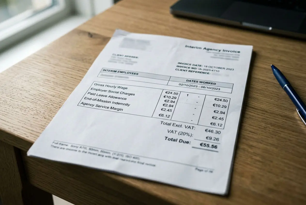 Facture imprimée sur un bureau en bois avec détails de paie intérimaire et stylo bleu à côté. coüt d'un intérimaire pour un employeur évoqué par le texte.