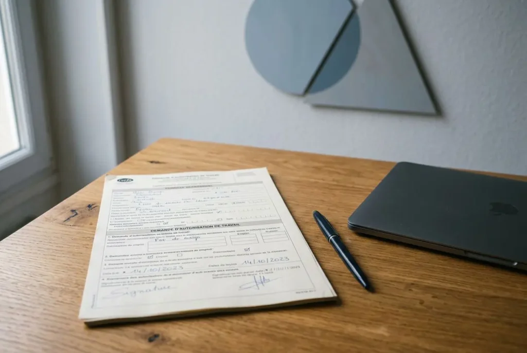 Formulaire d’autorisation de travail posé sur une table en bois avec une tablette et un stylo, prêt à être rempli en ligne pour une demande d'autorisation de travail pour un salarié étranger.