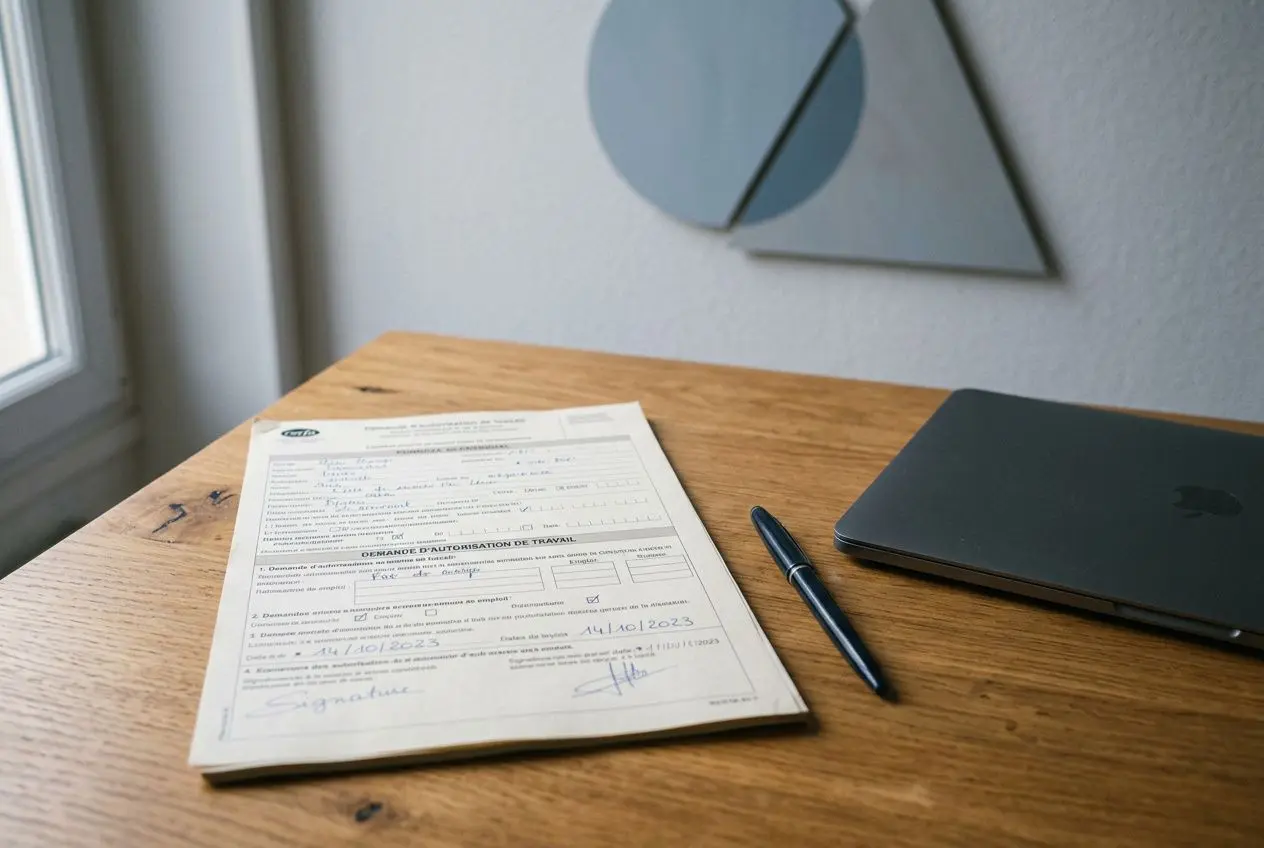 Formulaire d’autorisation de travail posé sur une table en bois avec une tablette et un stylo, prêt à être rempli en ligne pour une demande d'autorisation de travail pour un salarié étranger.
