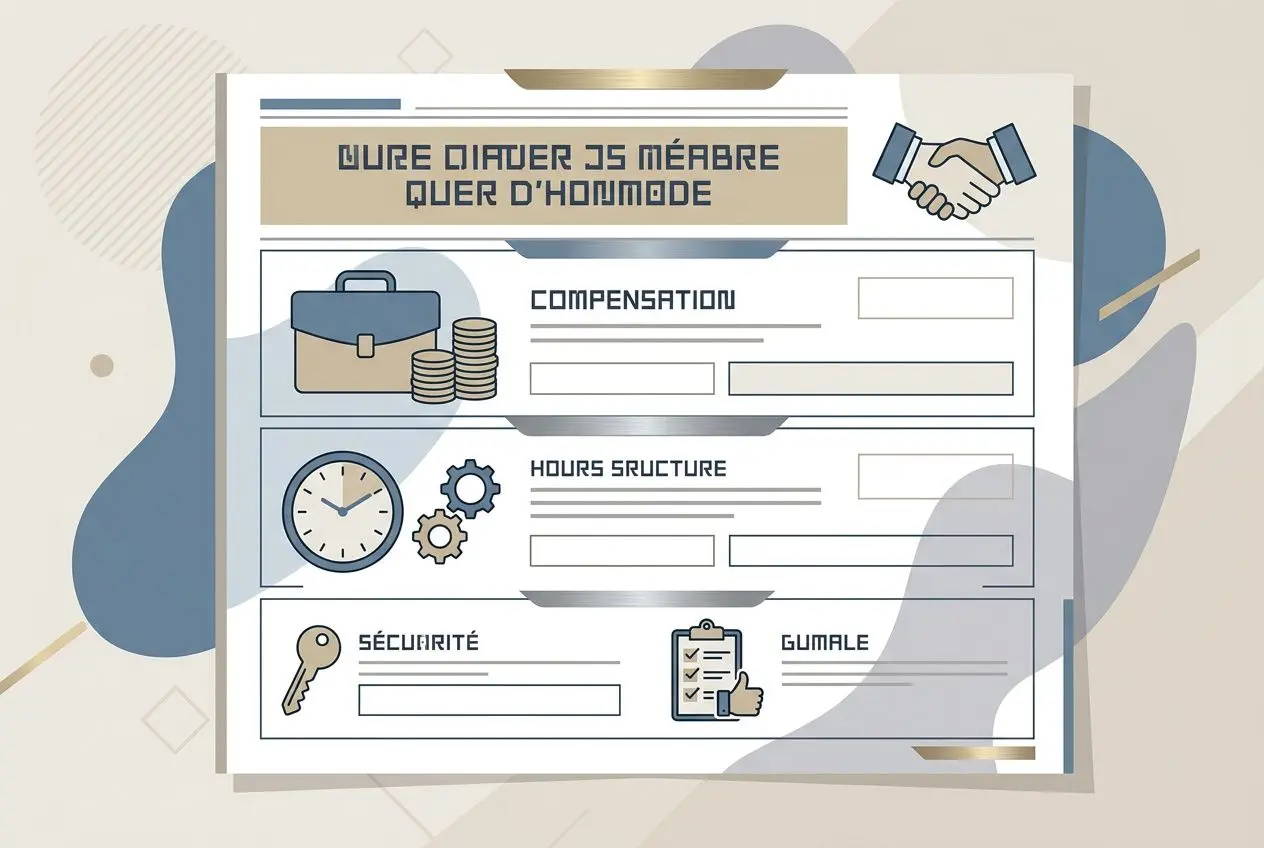 Formulaire illustré sur le recrutement rapide: sections “ compensation ”, “ heures structure ” et “ sécurité ” avec clé et gommes, symbole de collaboration. Integrates the concept: comment recruter rapidement des travailleurs.