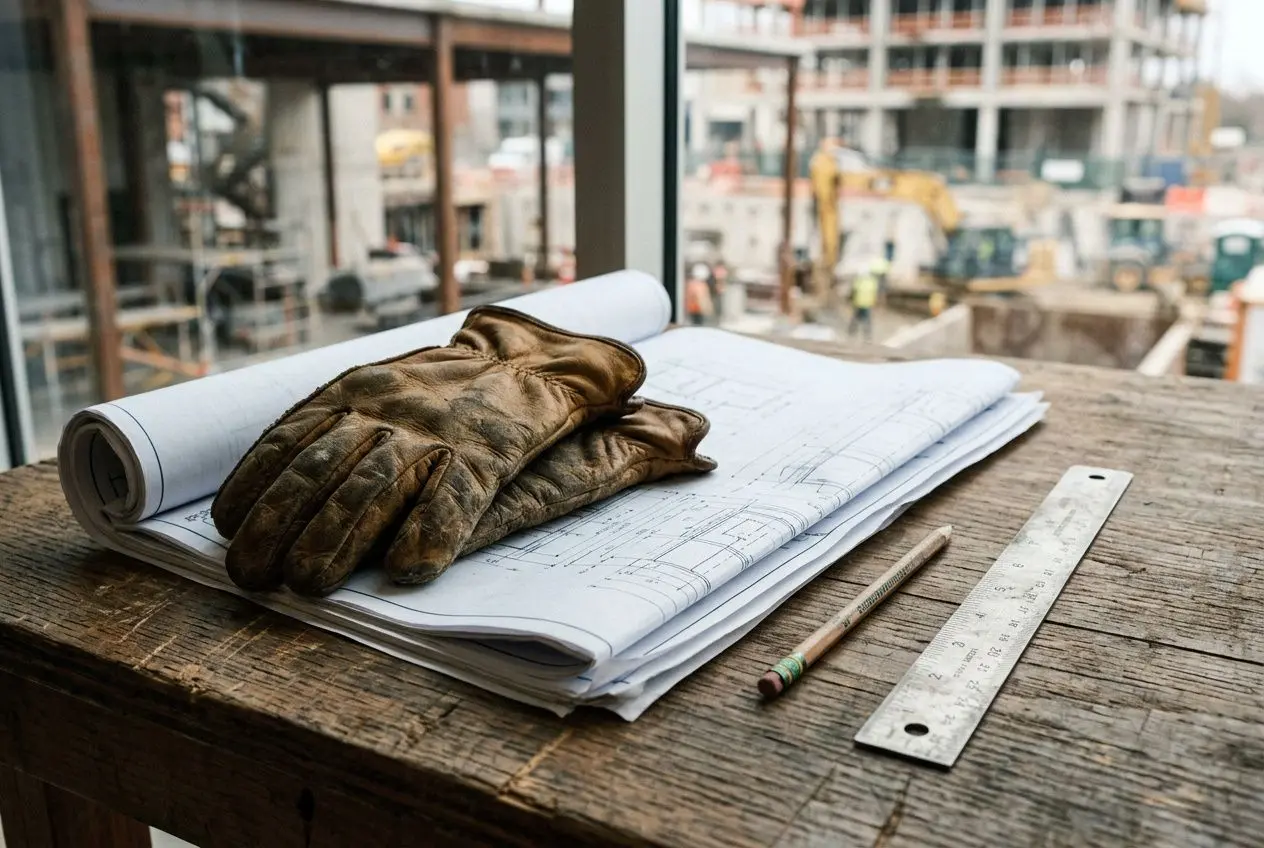 Gants de travail sur des plans et matériel de dessin sur une table, vue sur un chantier en arrière-plan, métier du btp qui recrute.