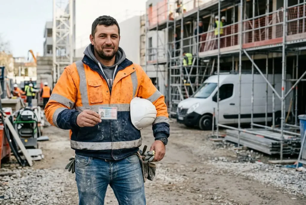 Homme sur un chantier, gilet orange et casque en main, tenant un billet près d’un bâtiment en construction et d’un camion blanc.