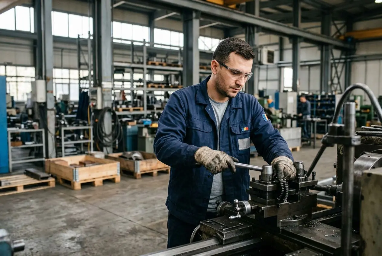 Homme ouvrier roumain qualifié travailant sur machine-outil dans une usine industrielle, portant tenue bleue et gants, ambiance BTP et industrie. Compétences travailleurs roumains qualifiés en action.