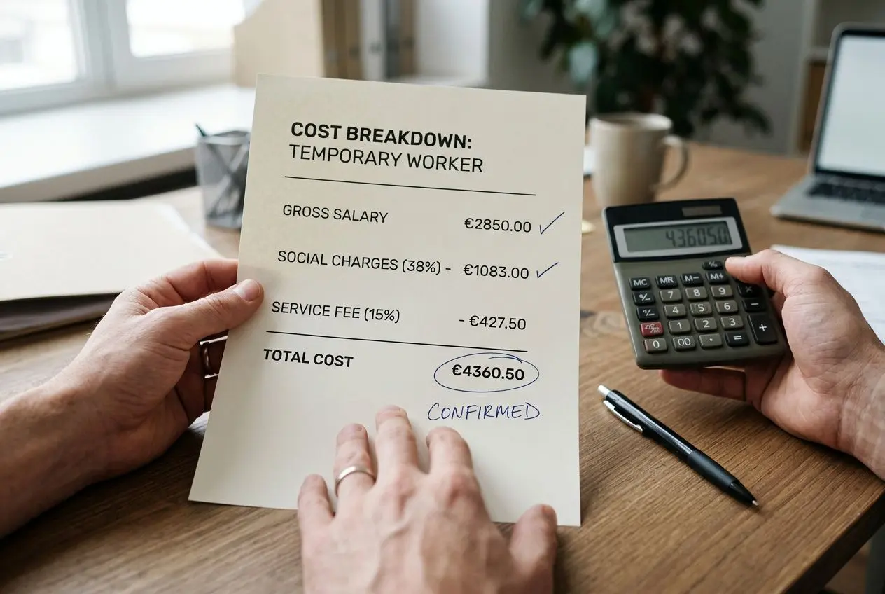 Inspection d’un relevé de coût d’un intérimaire: salaire brut, charges sociales et frais de service, total affiché. Coût d'un intérimaire pour un employeur.