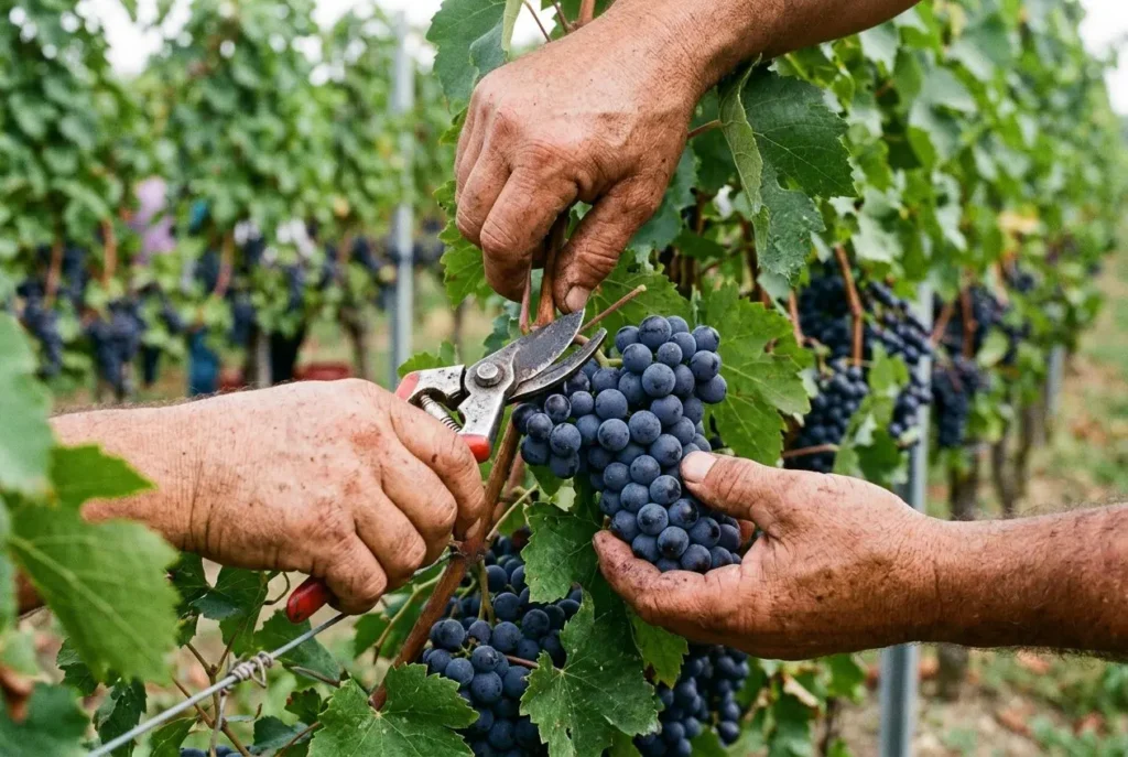 Mains qui cueillent des grappes de raisin bleues avec des cisailles, dans une vigne, pour des vendanges emploi.