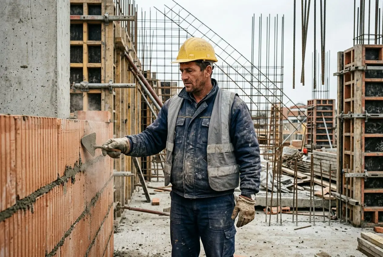 Ouvrier du BTP portant casque jaune et gilet réfléchissant, appliquant un enduit sur un mur en brique dans un chantier, compétences travailleurs roumains qualifiés évoquées.