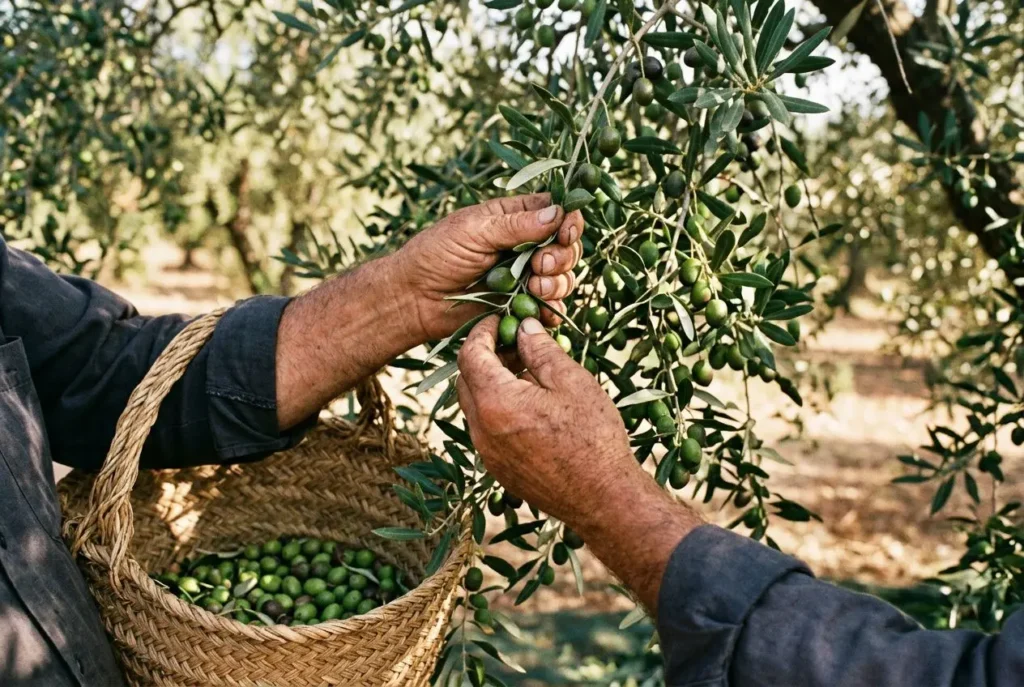 Ouvrier roumain en agriculture: récolte d’olives et cueillette dans un verger, panier tressé prêt à être rempli en France.