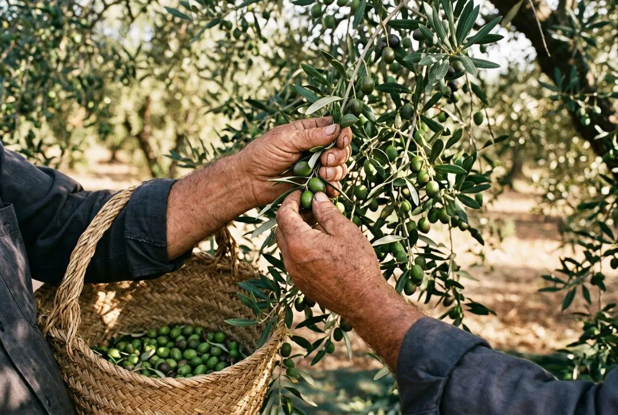 Ouvrier roumain en agriculture: récolte d’olives et cueillette dans un verger, panier tressé prêt à être rempli en France.