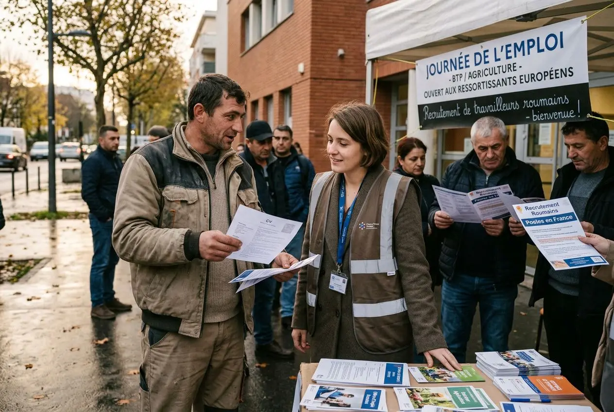 Personne en extérieur échangeant des documents avec un recruteur lors d’un salon; stands et brochures informatives visibles sur la table, affiches sur l’emploi. Mot clé intégré: recrutement roumains en france.