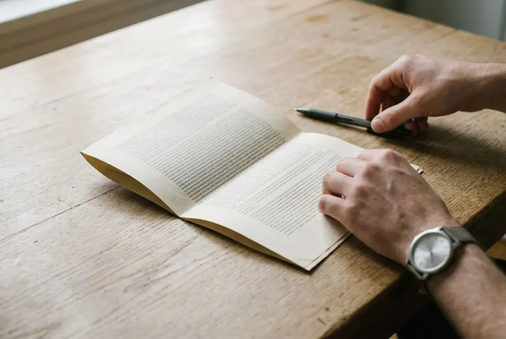 Personne relisant un document imprimé sur une table, avec stylo à côté et montre au poignet. Alt: "lecture d'une convention collective des intérimaires en France, IDCC 2378"