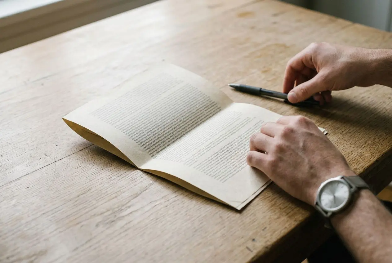 Personne relisant un document imprimé sur une table, avec stylo à côté et montre au poignet. Alt: "lecture d'une convention collective des intérimaires en France, IDCC 2378"