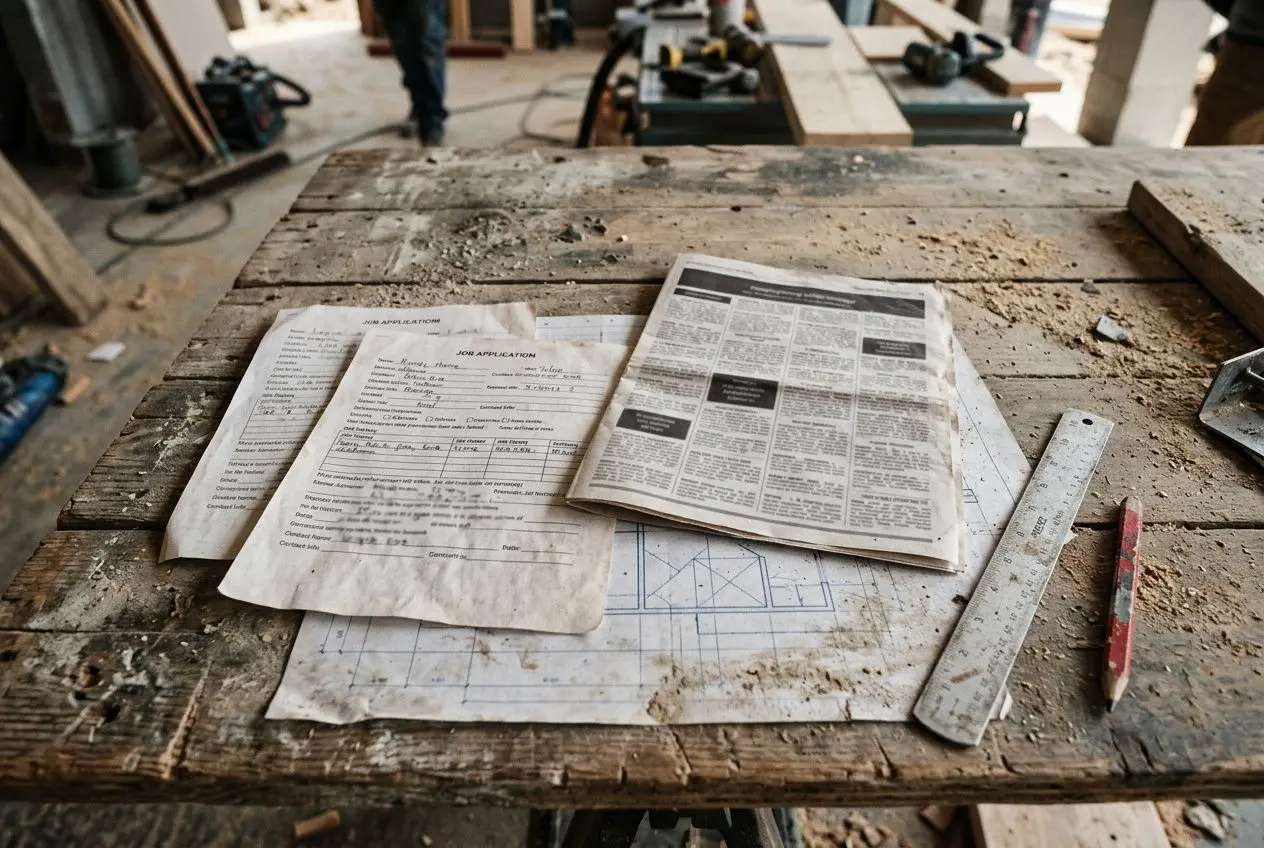 Plans et documents de chantier sur une table en bois, outils et poussière autour. Métier du btp qui recrute présent à travers les fiches d’emploi et projets.