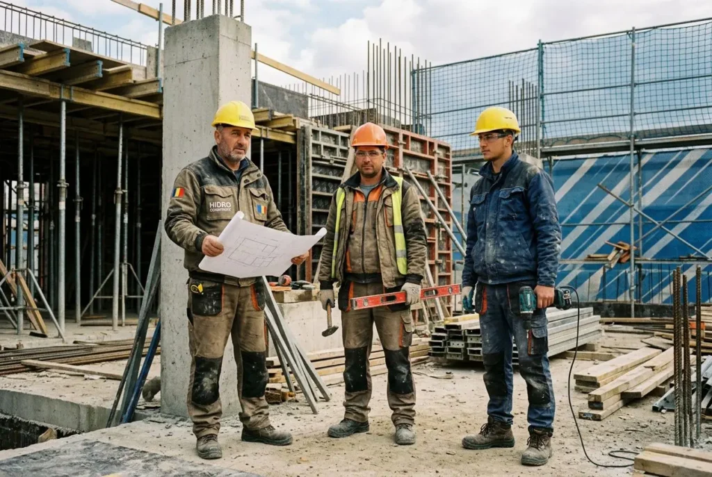 Trois travailleurs du BTP portant casques sur un chantier, l’un tenant des plans; ambiance de construction et structures en béton et métal autour. compétences travailleurs roumains qualifiés.