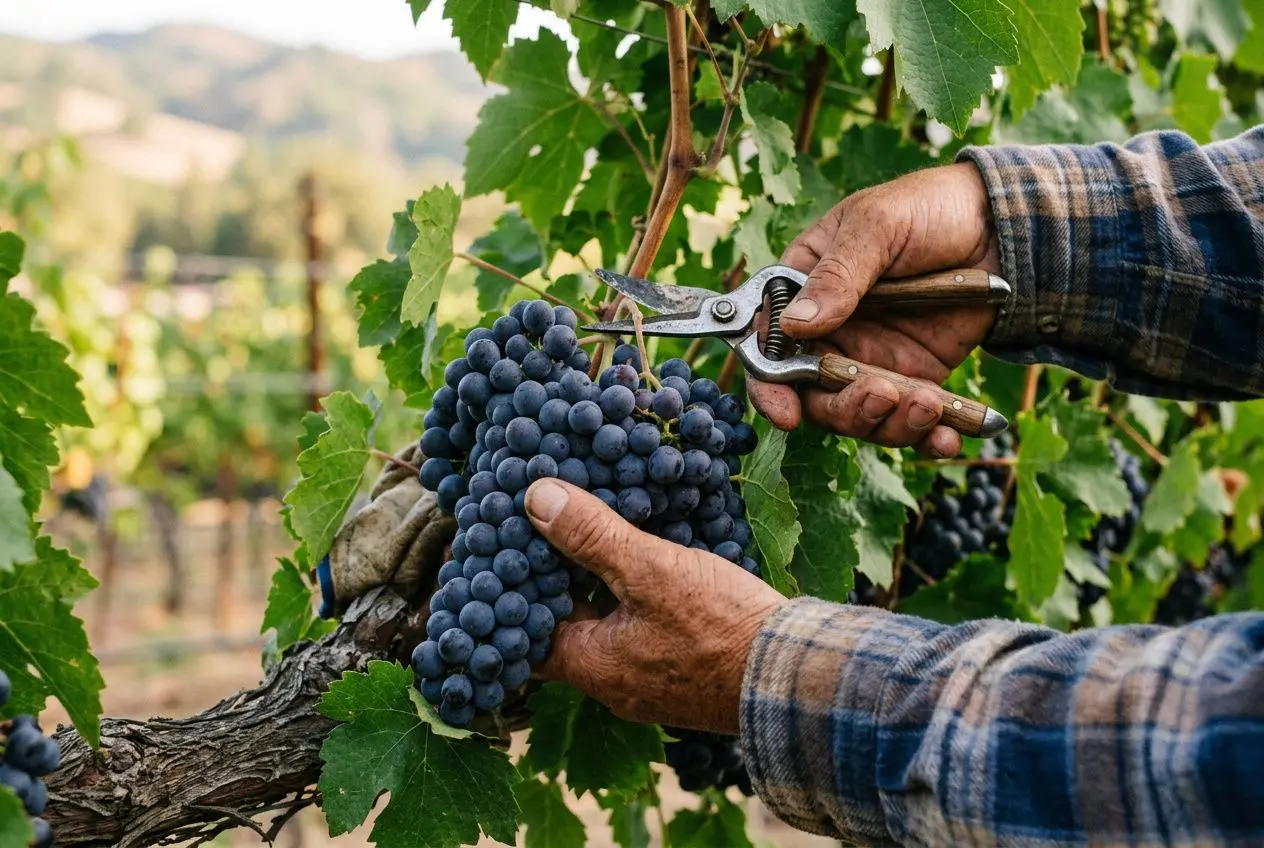 Vendanges emploi : ouvrier vendangeur récoltant des grappes de raisin avec sécateur dans le vignoble.