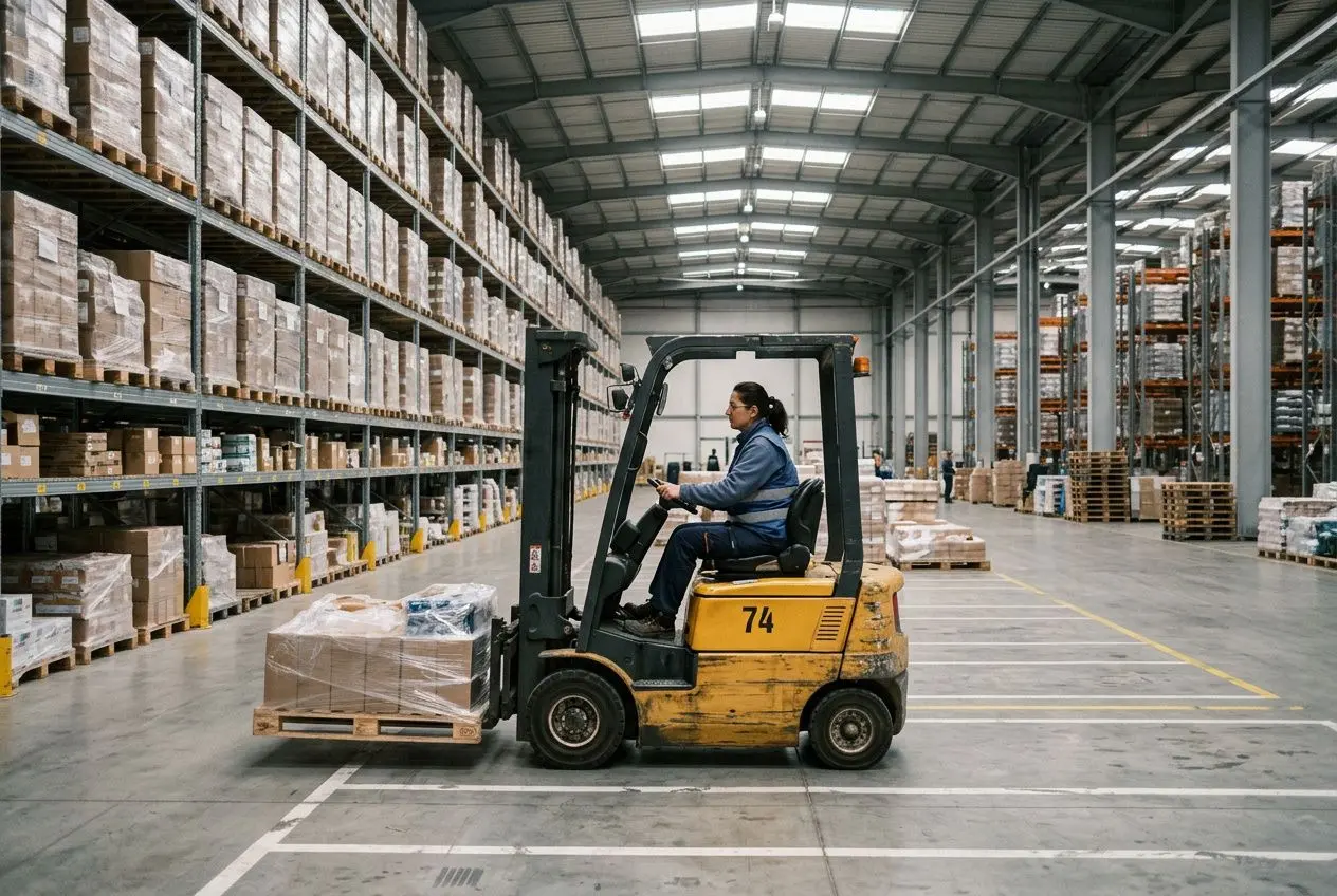 Chauffeur d’un chariot élévateur dans un grand entrepôt, rayonnages remplis de palettes et boîtes. Travailleurs logistique roumains france, travaux de manutention et stockage.