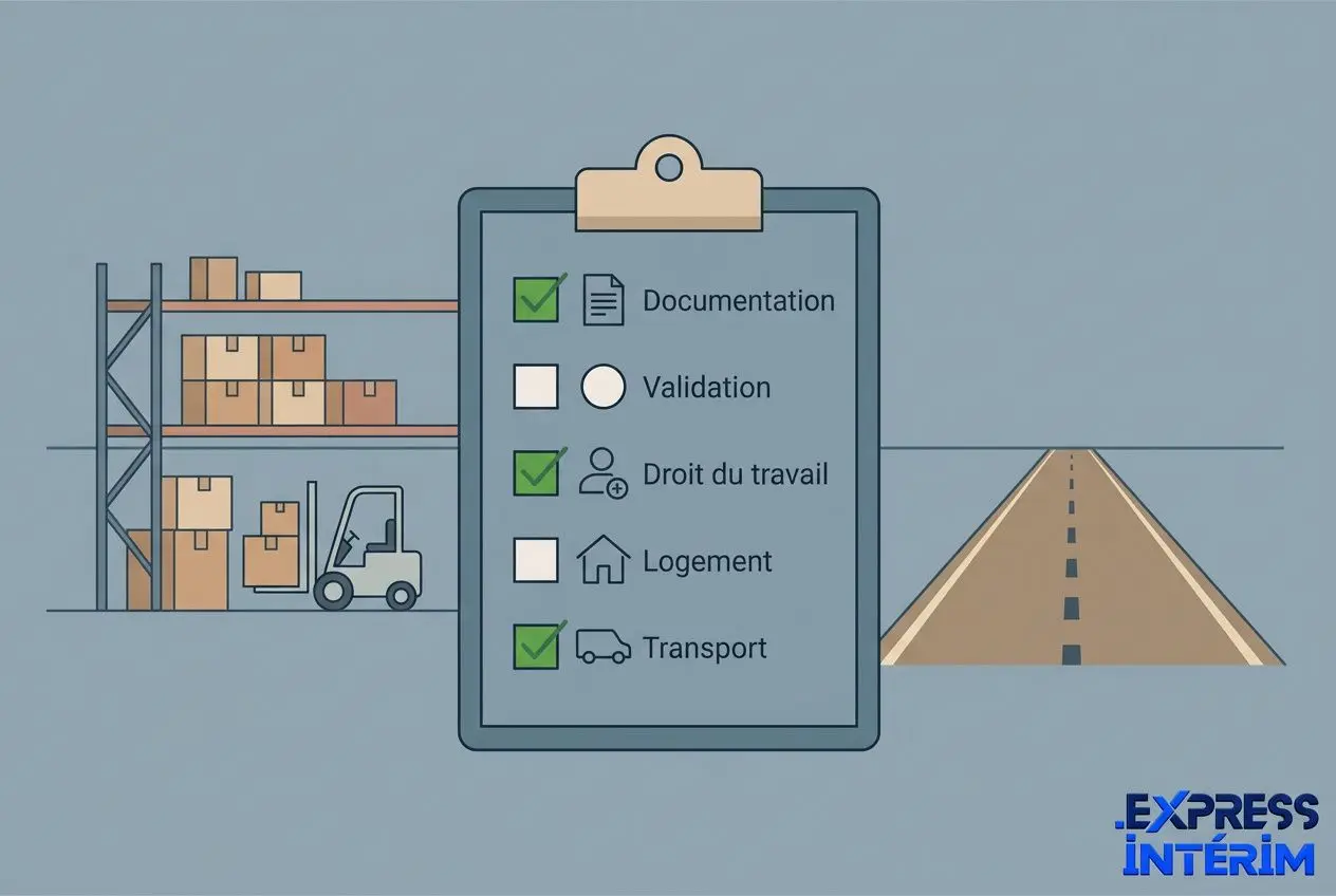 Checklist illustration: entrepôt, chariot élévateur et route, avec cases cochées Droit du travail et Transport, logo Express Interim. Travailleur roumain en logistique en France (travailleurs logistique roumains france).