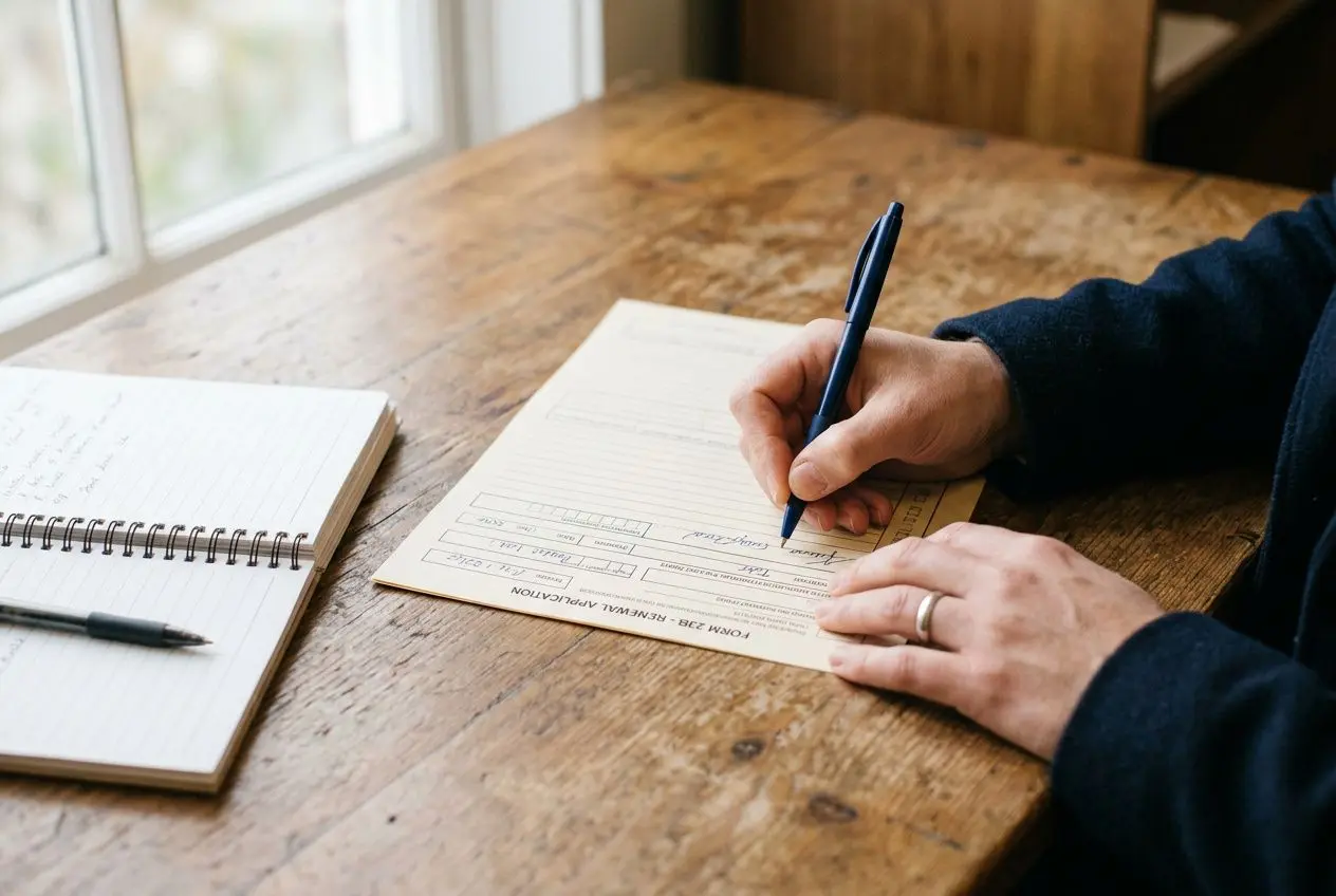 Personne écrivant sur un formulaire à ligne ouverte, posé sur une table en bois, avec un carnet à spirale à côté. Contenu lié à comment prolonger un détachement.