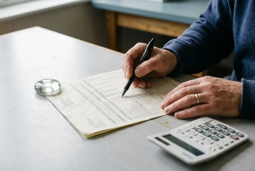 Personne remplissant un formulaire sur une table avec calculatrice, maînant l’écrit et calculatrice près. Mot clé: salaire intérim calcul intégré naturellement.