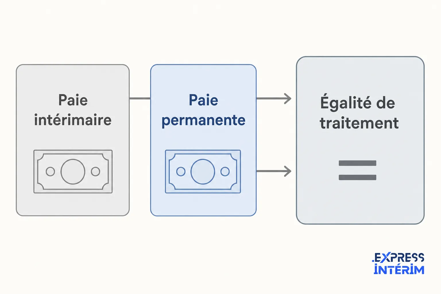 Schéma montrant le salaire intermédiaire: paie intérimaire → paie permanente → égalité de traitement, avec logo Express Intérim. Droits des intérimaires en entreprise.