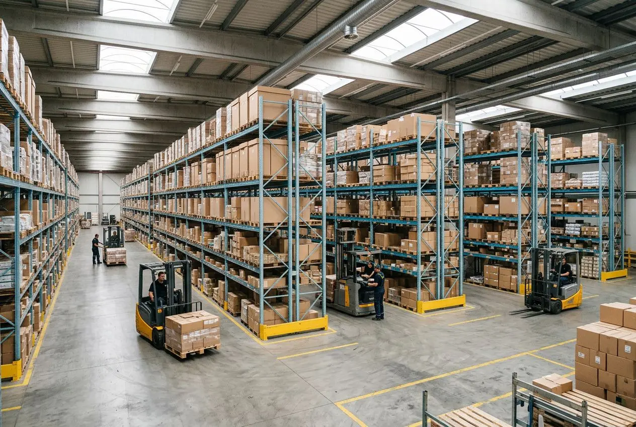 Vue d’un grand entrepôt logistique avec des rayonnages hauts et des chariots élévateurs, activité de préparation et de manutention. travilleurs logistique roumains france