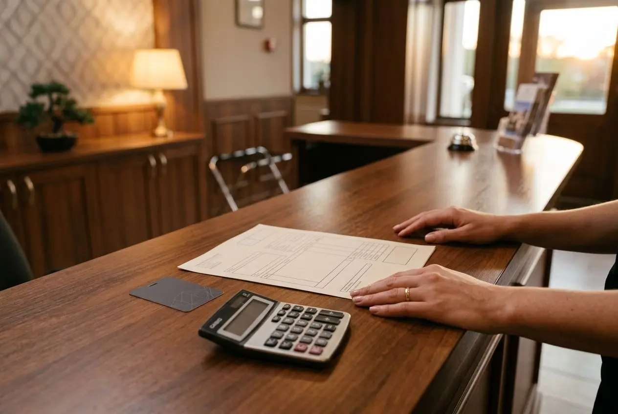 Agent(e) d’accueil au comptoir de réception d’un hôtel, document de travail et calculatrice sur le comptoir. réceptionniste hôtel salaire.