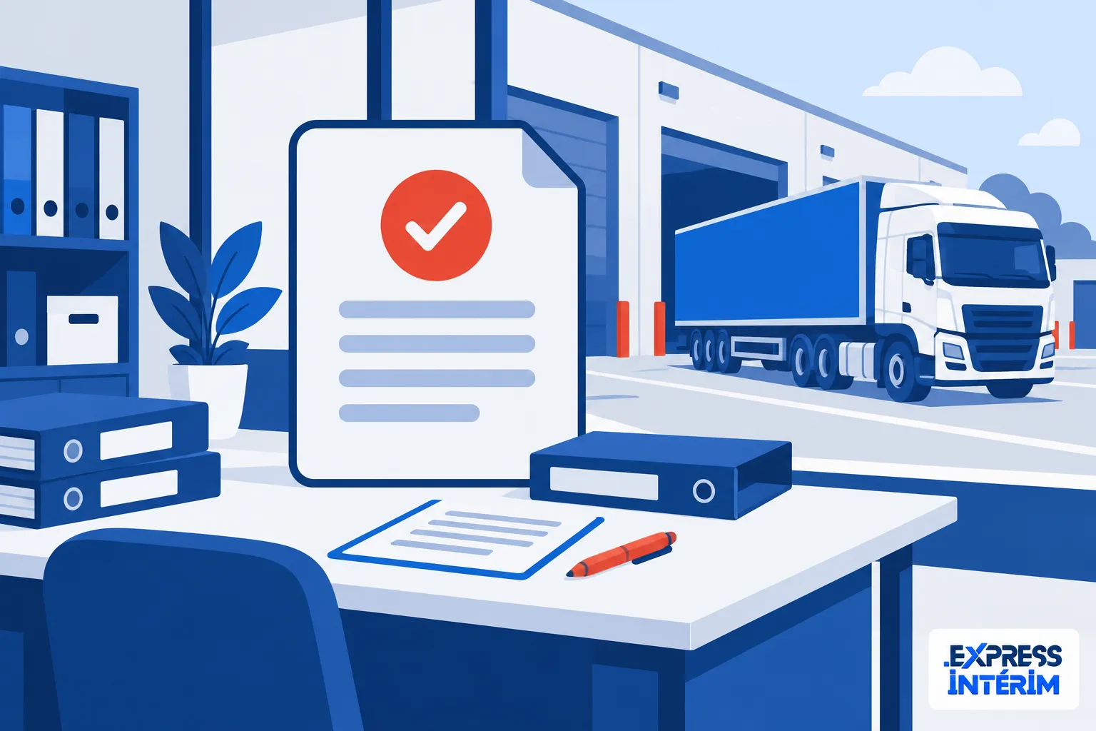 Attestation de détachement : document affiché sur le bureau avec fiche et camion au fond.