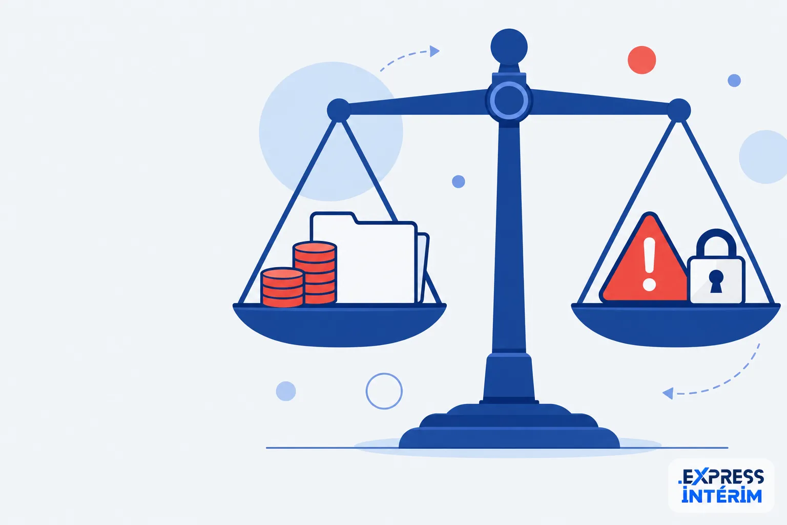 Une balance représentant des pièces et des documents d’un côté et un avertissement avec un cadenas de l’autre côté.
