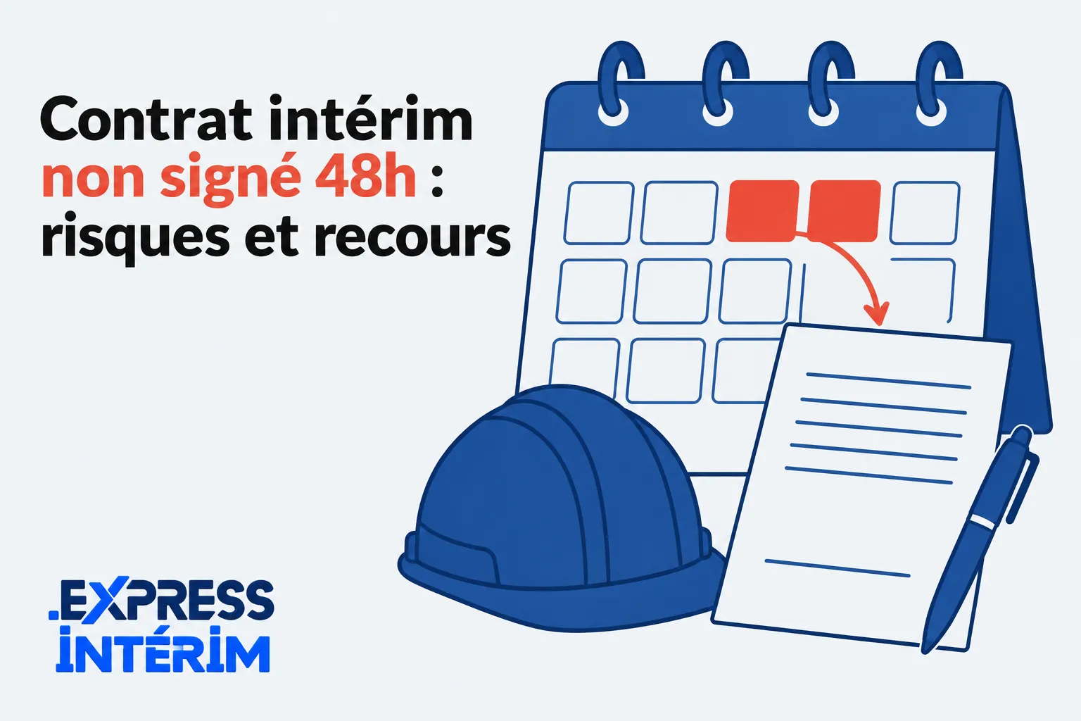 Calendrier et documents liés à un contrat intérim avec casque et papier en premier plan.