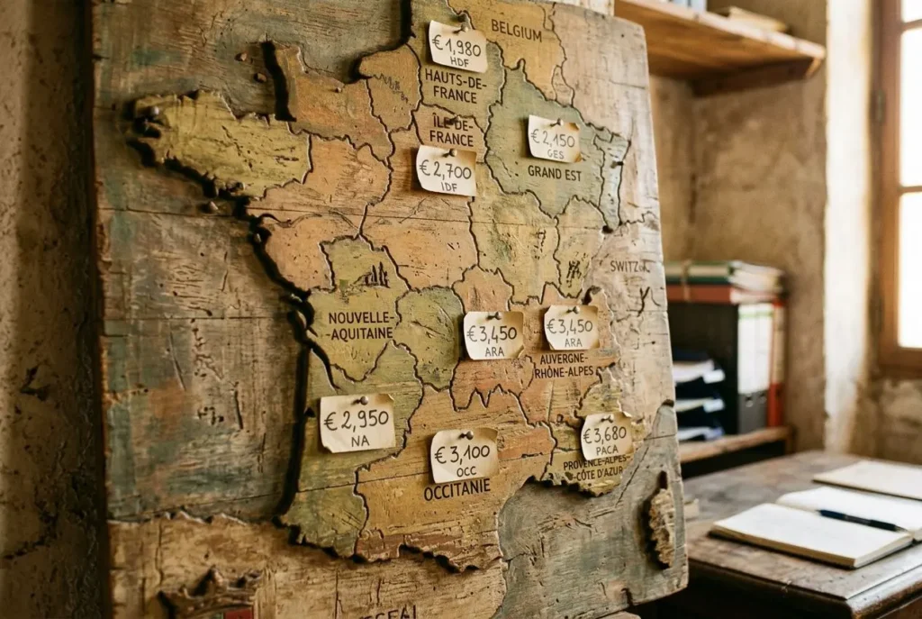 Carte des salaires en région, affichage ancienne sur bois avec étiquettes indiquant des chiffres euro. Référence au métier de réceptionniste hôtel salaire à travers une ambiance vintage.