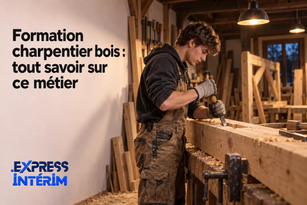 Charpentier bois en atelier, scie et outils à la main, réalisant une pièce en bois; contenu lié à la formation charpentier bois.