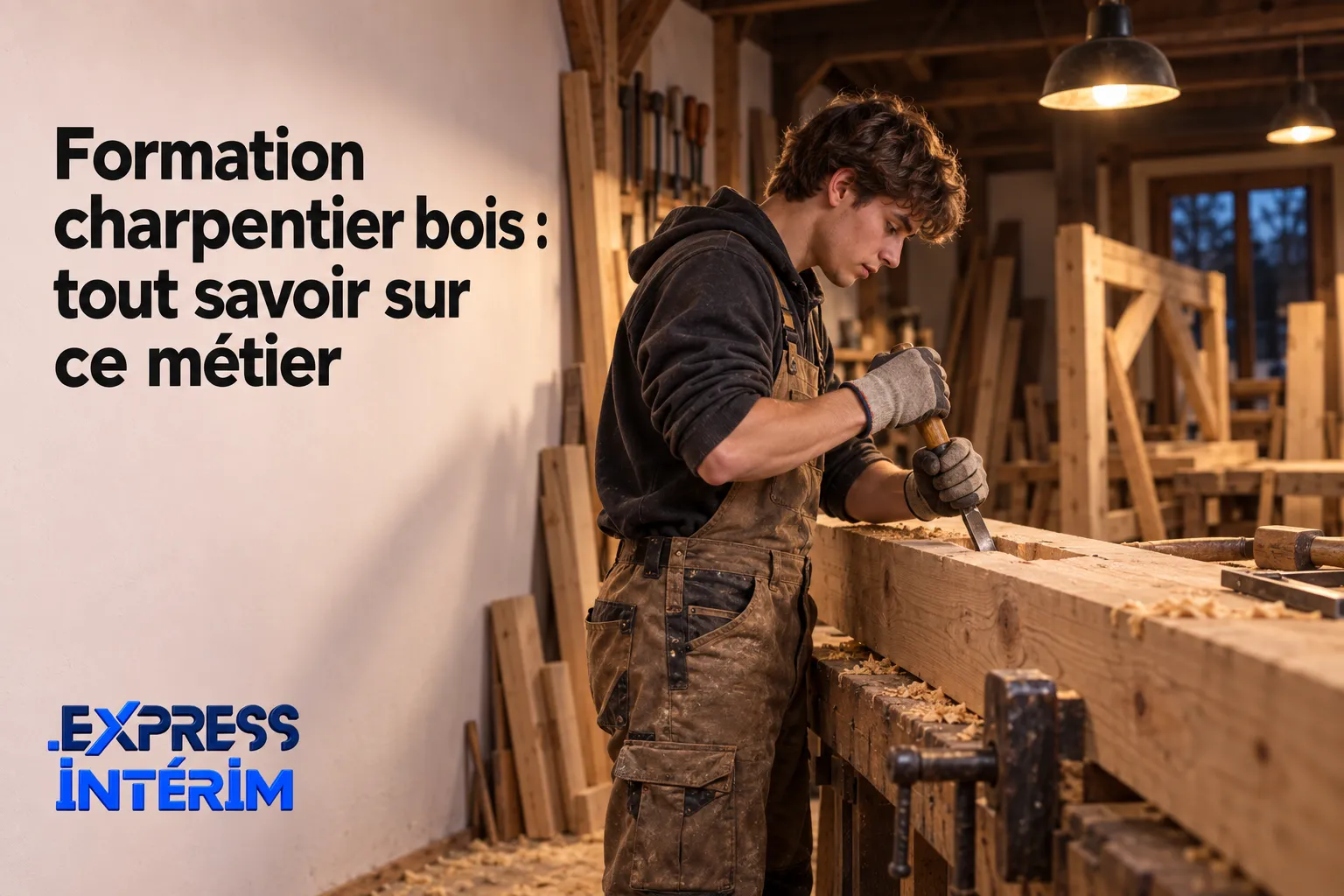 Charpentier bois en atelier, scie et outils à la main, réalisant une pièce en bois; contenu lié à la formation charpentier bois.