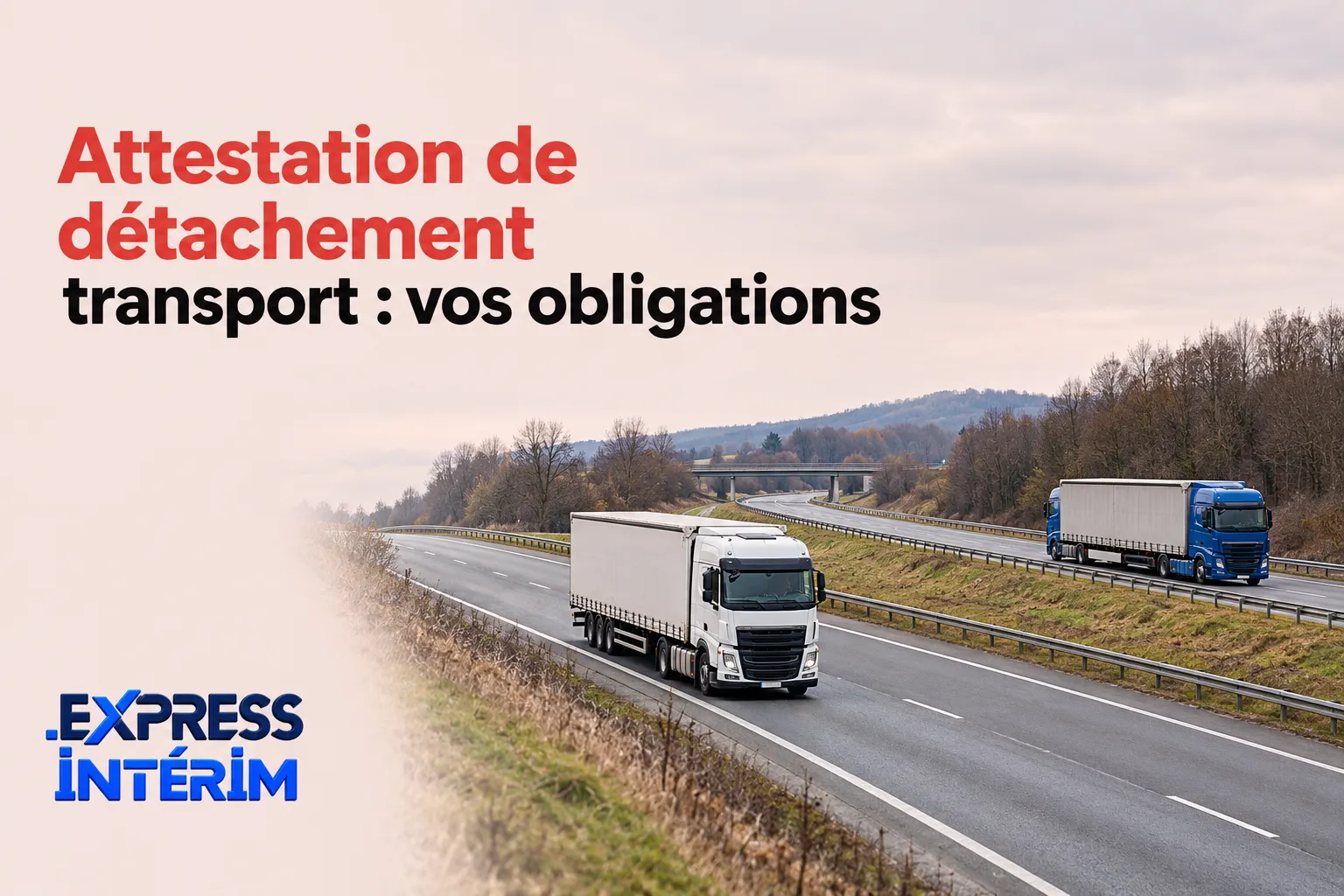 Deux camions blancs sur une autoroute en mouvement.