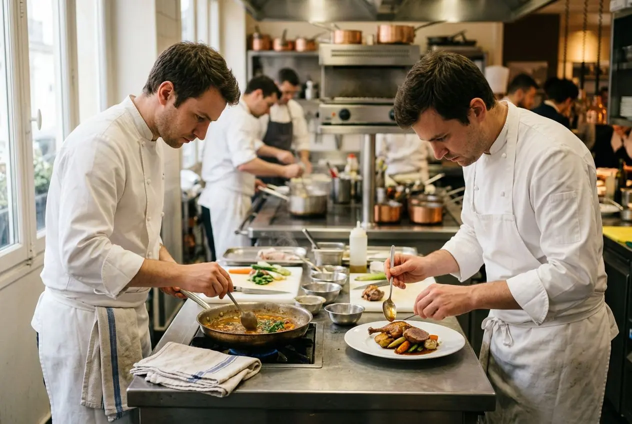 Deux chefs en cuisine professionnelle en action, préparant et dressant des plats dans une brigade, ambiance de travail en intérim restauration paris.