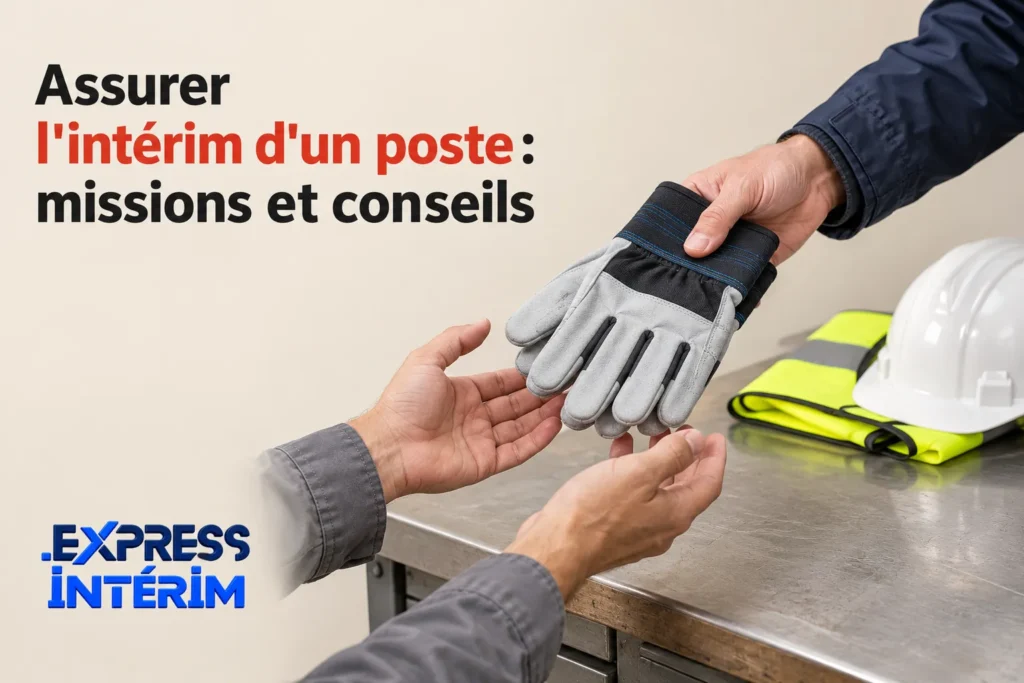 Deux mains se serrent autour de gants de travail sur une table, avec un casque et un gilet réfléchissant en arrière-plan.