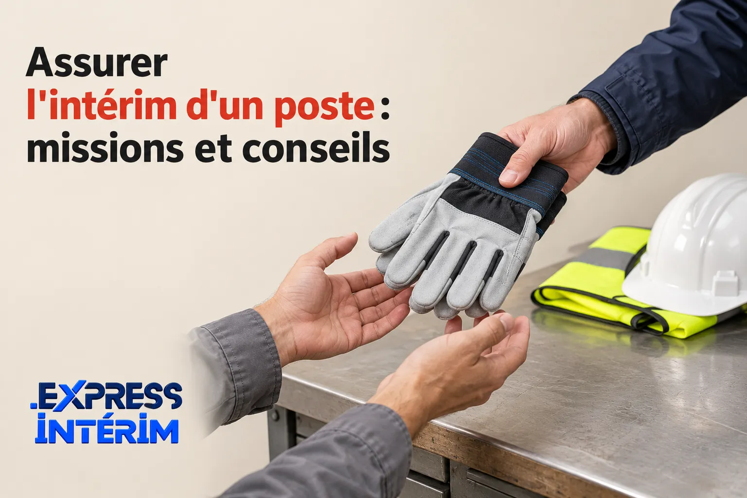 Deux mains se serrent autour de gants de travail sur une table, avec un casque et un gilet réfléchissant en arrière-plan.
