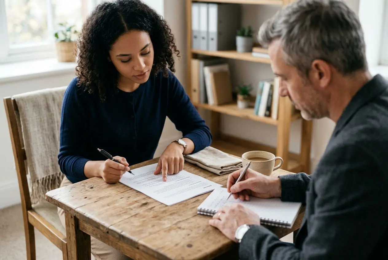 Deux personnes discutant autour d’une table en bois: elle signe un document tandis qu’il prend des notes, dans un cadre de bureau lumineux, contexte d’“intérim restauration paris” possible.